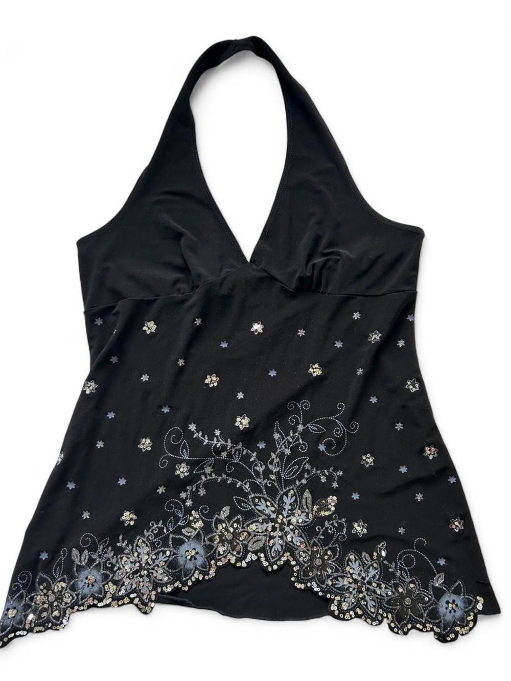 Y2K MKM Designs Black Halter Camisole with Floral Sequins and Crystal Accents